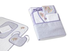Dětský set Jednorožec fialová/bílá 350g osuška + ručník + bryndák + žínka
