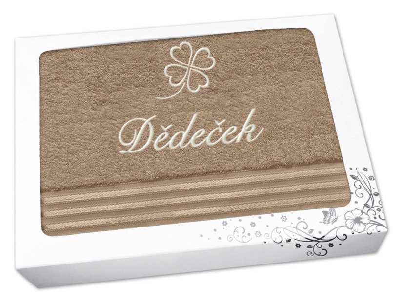 Dárková sada ručníku a osušky DĚDEČEK se čtyřlístkem linie tmavě béžová