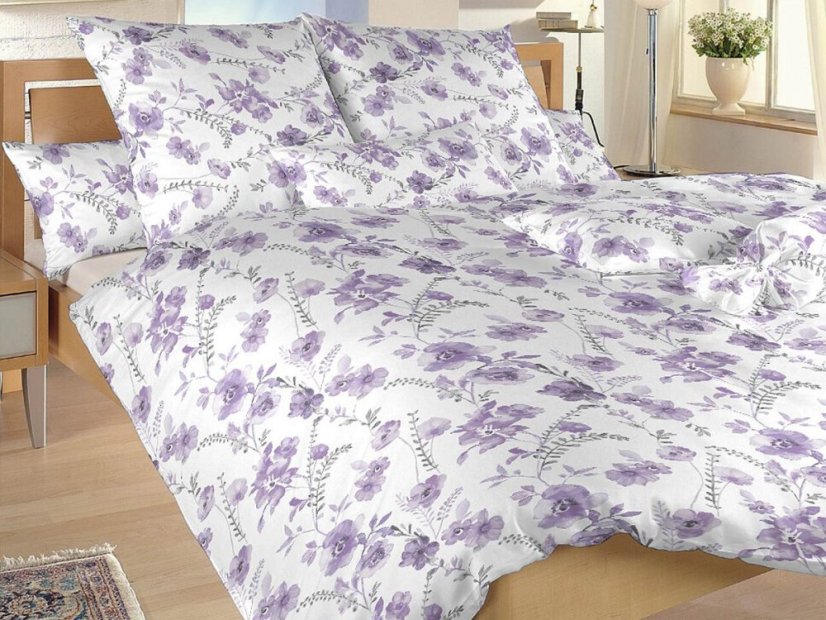 Krepové povlečení KOMFORT Kvítí fialové na bílém 70x90, 140x200