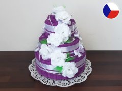 Třípatrový textilní dort z ručníků a osušek Kasandra fialová