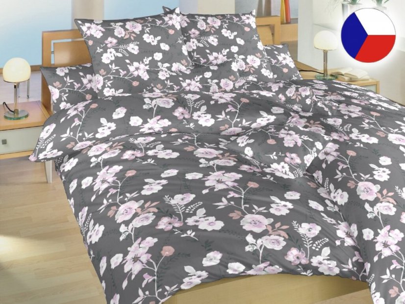 Krepové povlečení KOMFORT Kvítí na šedém 2x 70x90, 220x200