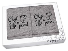 Dárková sada ručník + osuška pro rybáře Chyť a pivo šedá