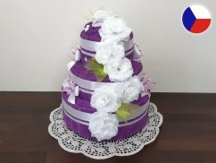 Třípatrový dort z ručníků a osušek Kasandra fialová