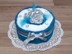 Textilní dort z ručníků Saša tyrkys/bílá