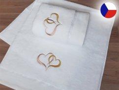 Dárková sada BÍLÁ ručník + osuška s výšivkou Srdce béžová/zlatá