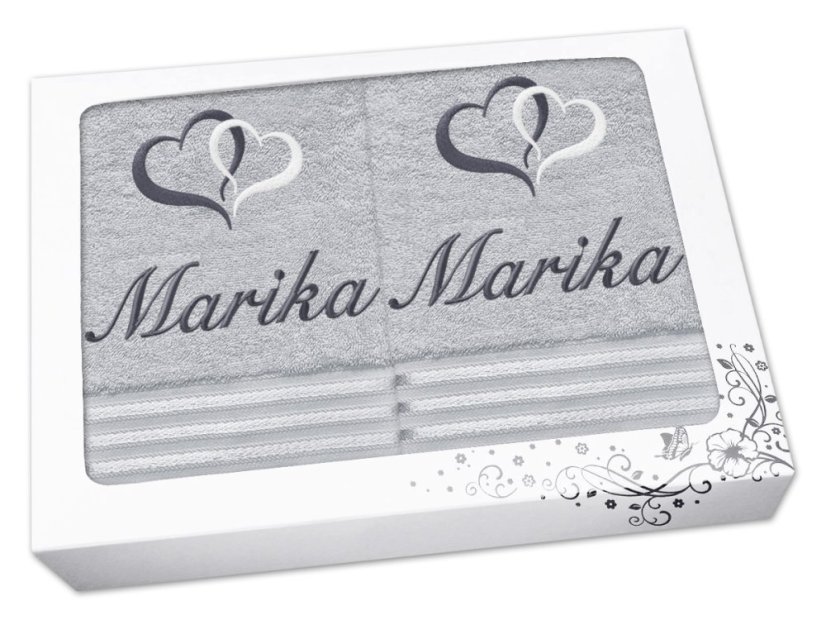 Dárková sada ručníku a osušky se jménem linie světle šedá Srdíčka