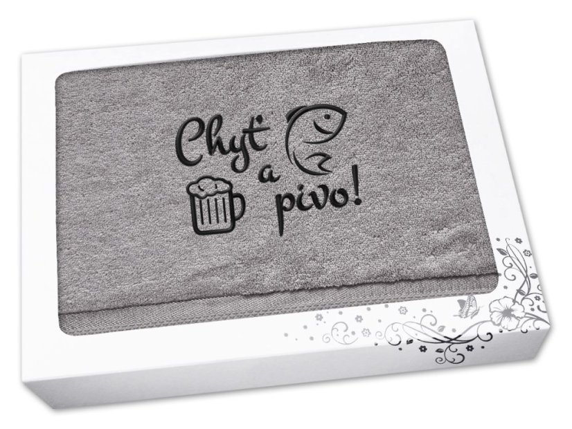 Dárkové balení osušky pro rybáře Chyť a pivo šedá