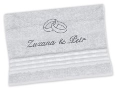 Dárková svatební osuška se jmény a prstýnky světle šedá
