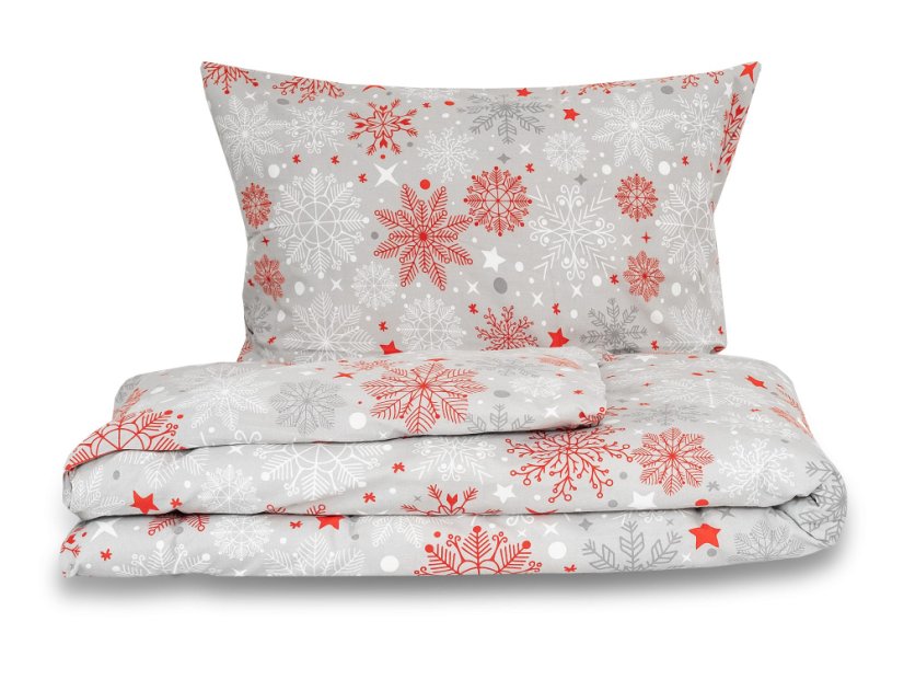 Bavlněné vánoční povlečení EXCLUSIVE 70x90, 140x200 Vločky červenošedé