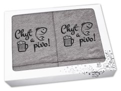 Dárková sada ručník + osuška pro rybáře Chyť a pivo šedá