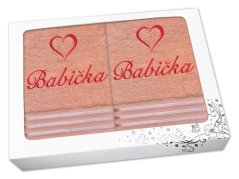 Dárková sada ručníku a osušky BABIČKA se srdíčkem linie lososová