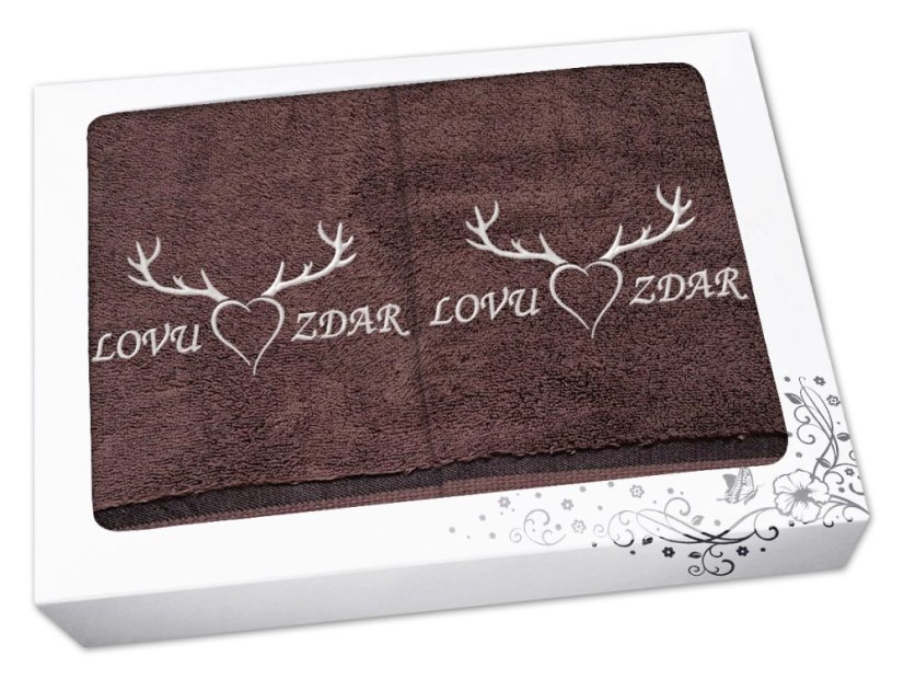 Dárková sada ručník + osuška pro myslivce Paroží + Lovu zdar hnědá