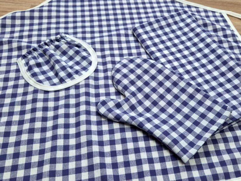 Kuchyňská sada Kanafas kostka modrá/bílá zástěra + chňapka + utěrka