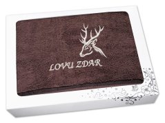Dárkové balení osušky pro myslivce Hlava jelena + Lovu zdar hnědá