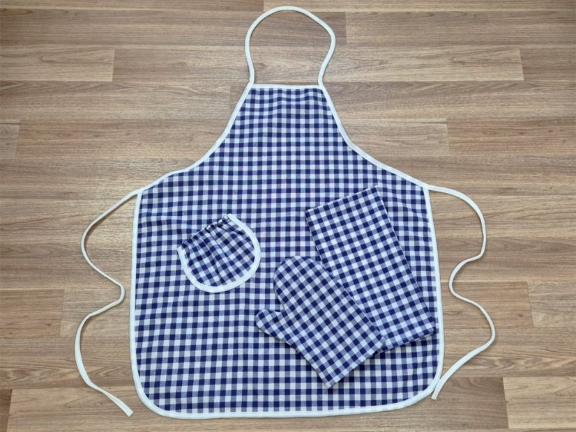 Kuchyňská sada Kanafas kostka modrá/bílá zástěra + chňapka + utěrka
