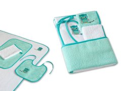 Dětský set Sovička mint/bílá 350g osuška + ručník + bryndák + žínka