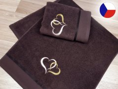 Luxusní ručník s výšivkou hnědý 450g Srdce bílá/zlatá