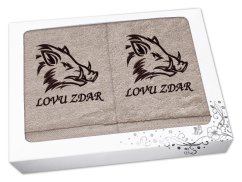 Dárková sada ručník + osuška pro myslivce Kanec + Lovu zdar béžová