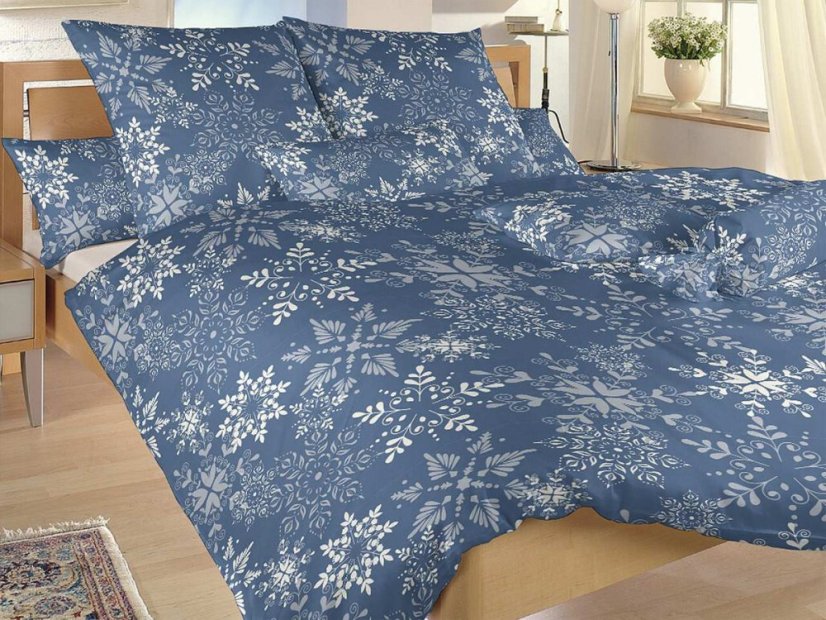 Krepové povlečení prodloužené KOMFORT Vločky snowflakes šedomodré 70x90, 140x220