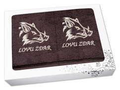 Dárková sada ručník + osuška pro myslivce Kanec + Lovu zdar hnědá