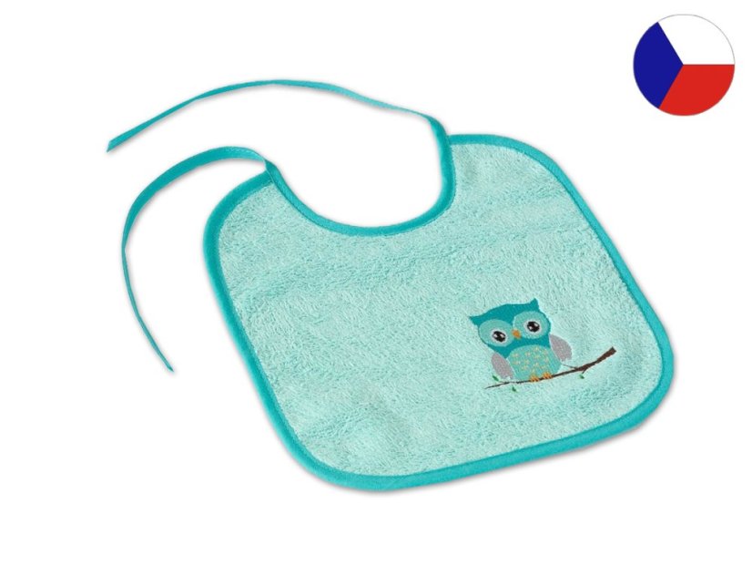 Dětský slintáček LOTA 25x25 Sovička mint/tyrkys 350g