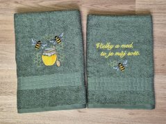 Luxusní dárková sada ručníku a osušky Včelky khaki