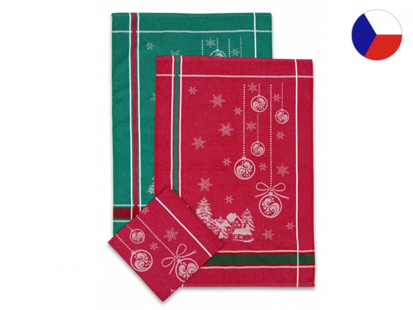 Vánoční utěrky EXTRA Vesnička zelená/vínová 3ks