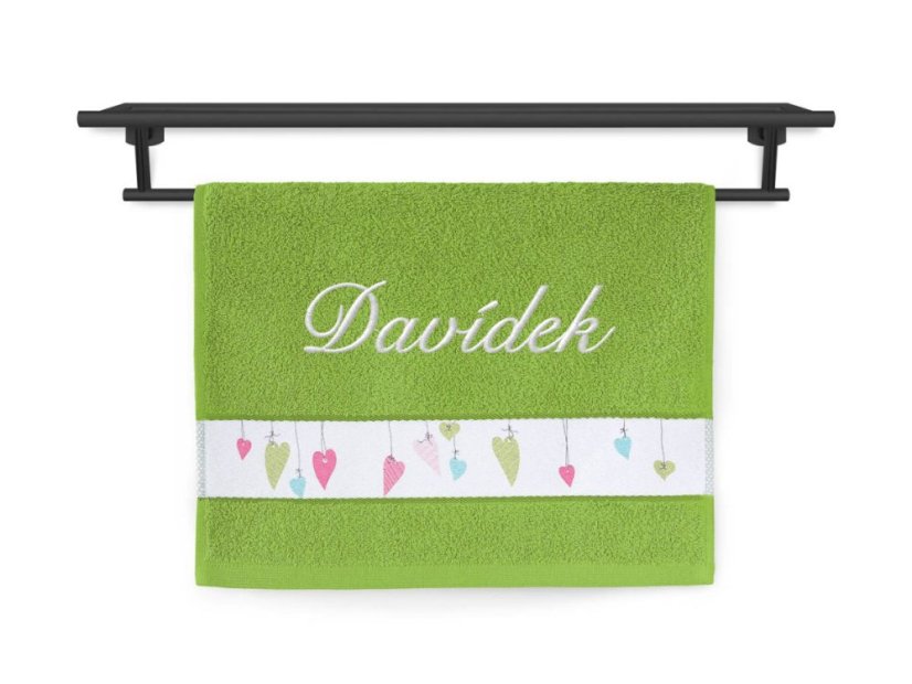 Malý ručník se jménem NA PŘÁNÍ 30x50 Barevná srdíčka zelená