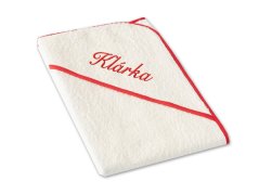 Dětská osuška s kapucí se jménem NA PŘÁNÍ 75x75 smetanová/červená