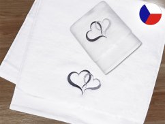 Dárková sada BÍLÁ ručník + osuška s výšivkou Srdce antracit/stříbrná