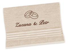 Dárková svatební osuška se jmény a prstýnky světle béžová