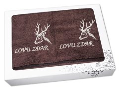 Dárková sada ručník + osuška pro myslivce Hlava jelena + Lovu zdar hnědá