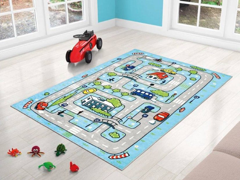 Koberec do dětského pokoje 100x150 Autíčková dráha modrá