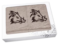 Dárková sada ručník + osuška pro myslivce Kanec hlava béžová