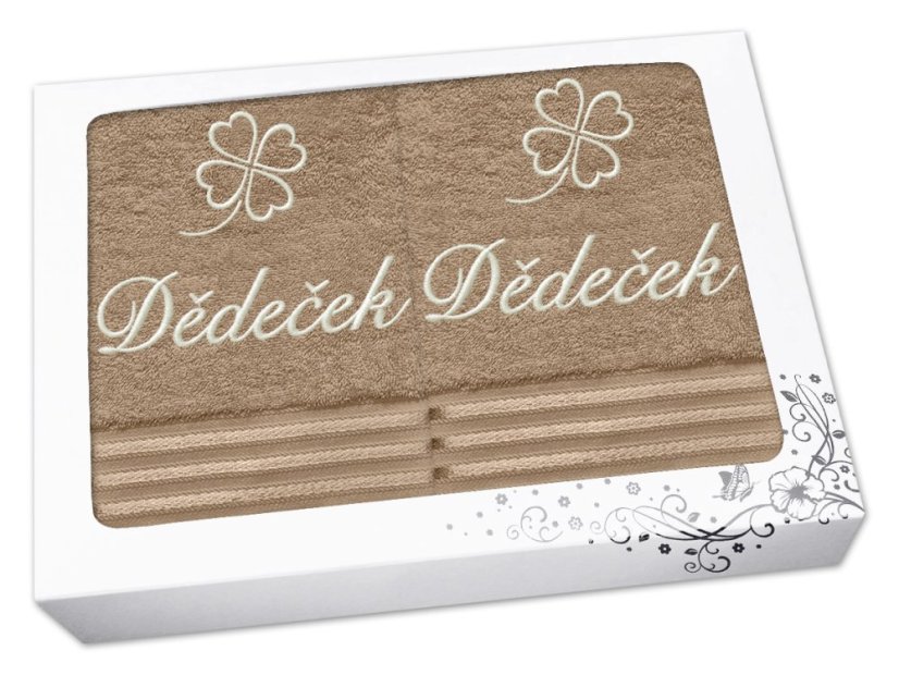 Dárková sada ručníku a osušky DĚDEČEK se čtyřlístkem linie tmavě béžová