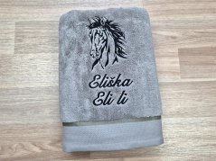 Osuška 450g Kůň Apollo šedá s vyšitým textem Eliška Eli li