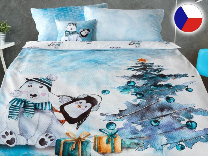 Vánoční povlečení damašek EXCELLENT 70x90, 140x200 EVELYN Méďa modrý
