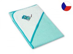 Osuška pro miminko s kapucí a výšivkou 100x100 Sovička mint/tyrkys 350g 