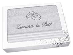 Dárková svatební osuška se jmény a prstýnky světle šedá