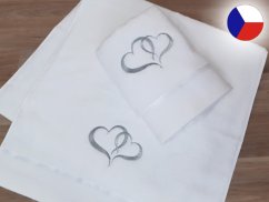 Dárková sada BÍLÁ ručník + osuška s výšivkou Srdce šedá/stříbrná