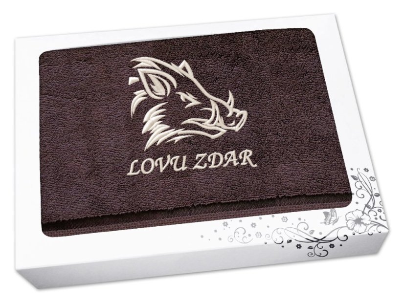 Dárkové balení ručníku pro myslivce Kanec + Lovu zdar hnědá