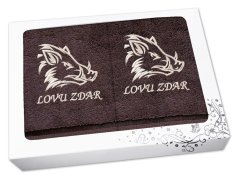 Dárková sada ručník + osuška pro myslivce Kanec + Lovu zdar hnědá